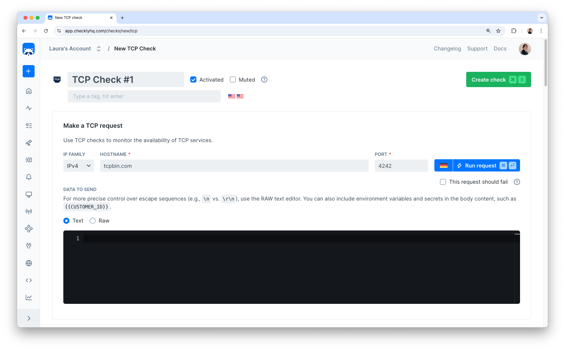 Screenshot of the TCP monitor create page